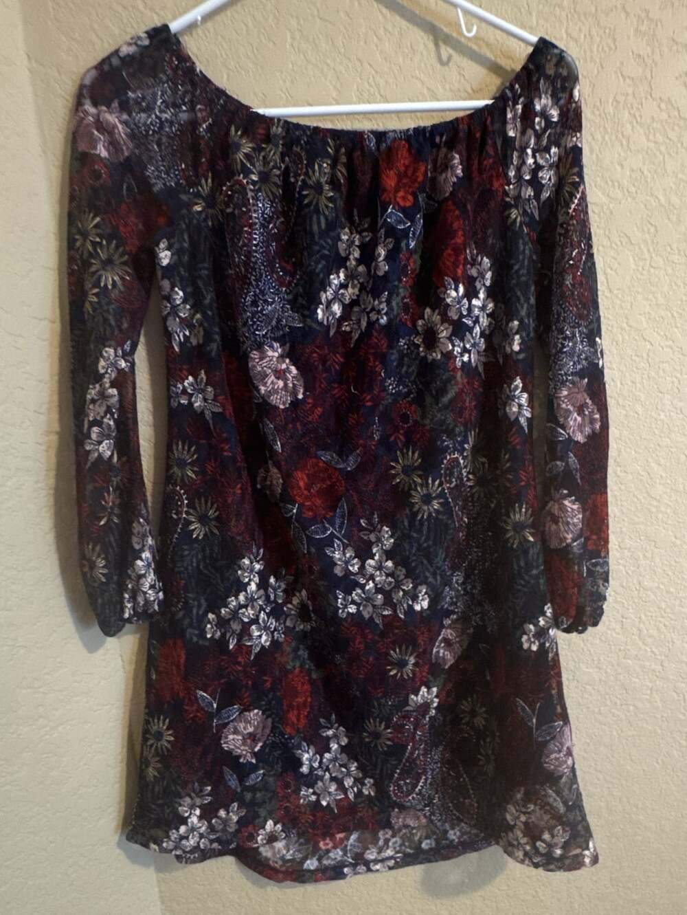 Miamii Off-Shoulder Floral Dress Size S Long Sleeve Red Blue Mini